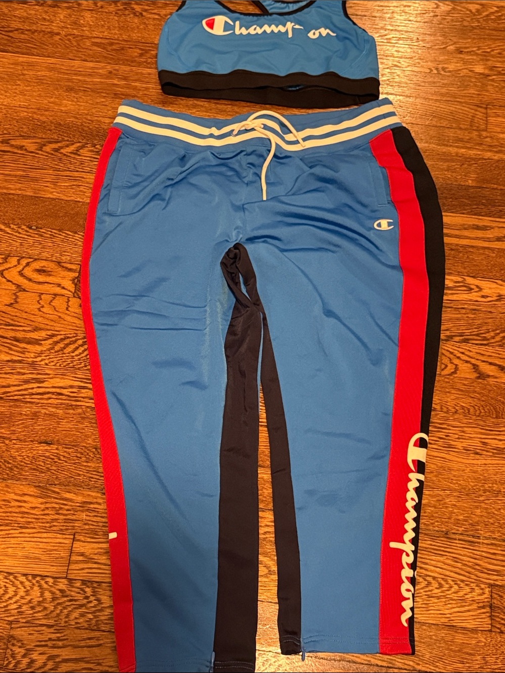 Champion Blue Athletic Joggers with Red & Black Side Logo Panels